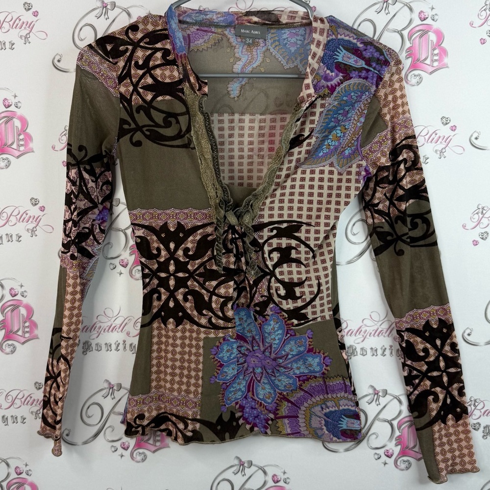 Marc aurel long sleeve stretchy mesh paisley squares Multicolor Patchwork Top